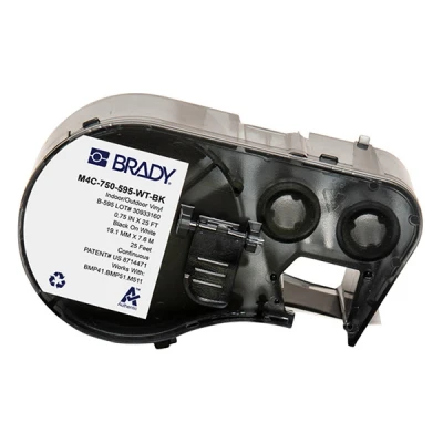 Bild av Brady Vinyletikettband för etikettskrivare BMP41/BMP51/BMP53/M511 självhäftande skrivaretiketter svart på vitt (19,05 mm (B) x 7,62 m (L)) M4C 750 595 WT BK