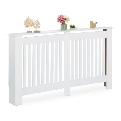 Bild av Relaxdays Radiatorbeklädnad i lantlig stil, HBT 83 x 152 19 cm, för gamla element, värmeskydd hylla, MDF, vit