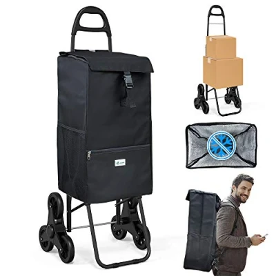 Bild av VOUNOT Vikbar solid shoppingvagn med isolerat fack 6 hjul 3 i 1 ryggsäck, förvaringspåse, kundvagn, trappuppgång, stor kapacitet, 40 l, max belastning 30 kg, svart