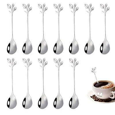 Bild av 12 stycken kaffeskedar, kaffeskedar i rostfritt stål, bladformshandtag, sked tesked för cocktailbordsartiklar, fest, kaffe, te, mjölk
