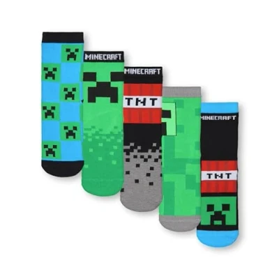 Bild av MINECRAFT Set med 5 pojkstrumpor Creeper och TNT allt over tryck i svart, grön blå strumpor för barn spelare Mojang Merchandising gåva, Flerfärgad, 31 36