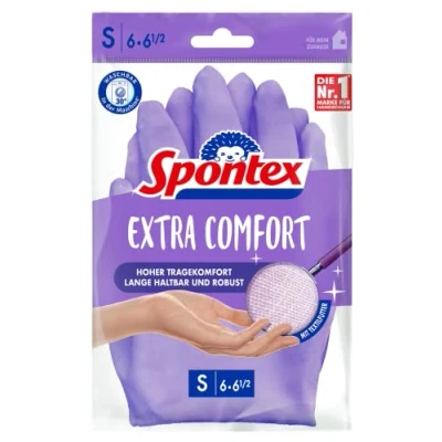 Bild av Spontex Extra Comfort, premium hushållshandskar med mjukt textilfoder, perfekt för alla städningsarbeten i hushållet, tvättbar, 30 C, storlek S (66, 5), 1 par, lila, (1 par)