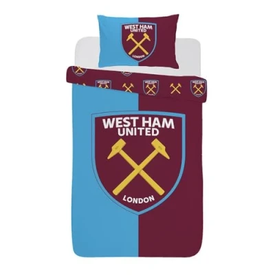 Bild av West Ham United FC Claret Sky enkelt påslakan &amp; örngott set vändbart 100 % bomullssängkläder med bekvämt och andningsbart