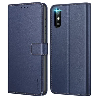 Bild av Ganbary mobiltelefonfodral för Xiaomi Redmi 9A fodral, vikbart fodral i premium läder [kortfack] [magnetisk stängning] [stativfunktion] kompatibel med skyddsfodral, blå