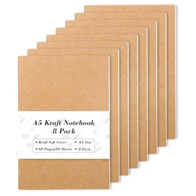 Bild av Feela Kraftanteckningsbok, A5, 60 sidor, anteckningsblock, journal, bulk, mjukt brunt omslag, multipack, för studenter, resenärer, planer, skriva anteckningar, kontor, skolmaterial, 14 x 21 cm, 8 pack