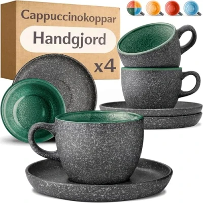 Bild av Cosumy Cappuccinokoppar Set om 4 200ml Keramiska Kaffekoppar med Fat Extra Tjockt Stengods Handgjord Reaktiv Glasyr Håller Värmen Längre (Grön)