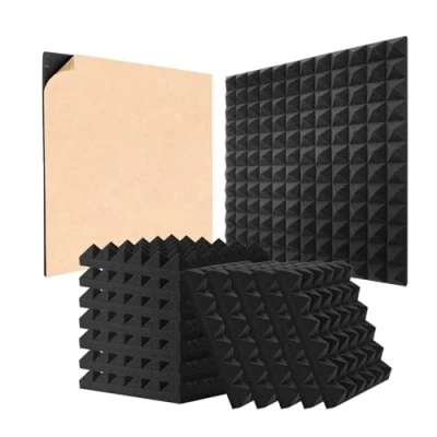 Bild av VEVOR akustiska skumpaneler, 48 pack 30 x 5 cm, självhäftande pyramid ljudisolerade väggpaneler, brandbeständiga paneler, ljuddämpande absorberande paneler för studiovägg och tak, svart