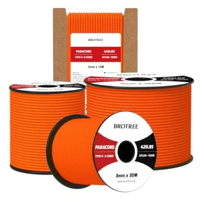 Bild av Brotree 3mm Paracord 425 30M 100% Nylonrep 3 Trådar Sladd Typ II för Utomhus, Hundkoppel, DIY, Hantverk 192kg Brottlast (Orange)