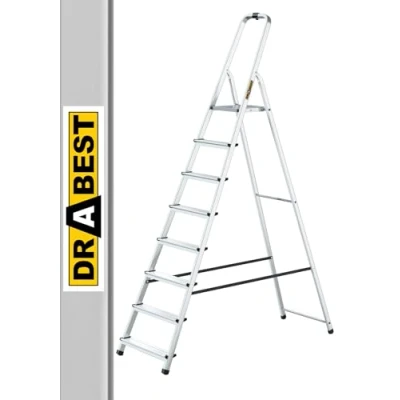 Bild av DRABEST trappstege 8 stegs hopfällbar Aluminiumstege med arbetsbricka Hushållsstege Lastkapacitet upp till 125 kg fri krok