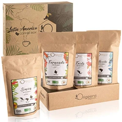 Bild av ORIGEENS ORGANIC GROUND COFFEE GIFT SET Kaffeprovningsbox 4x250g, Handrostat Ekologiskt Arabica malet kaffe Presentidéer