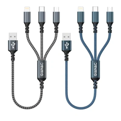 Bild av GIANAC Multi USB kabel [2 stycken 0,5 m] 3 i 1 universell laddningskabel snabb flera gånger med mikro typ C Lightning för iPhone, Android Galaxy, Huawei, Oneplus, Sony, Honor