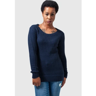 Bild av Urban Classics Ladies LONG Wideneck Sweater Stickad tröja, Storlek: XS, Navy