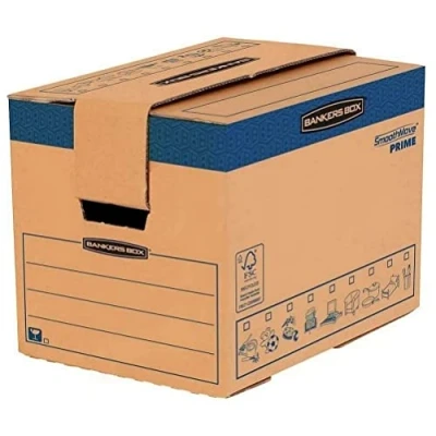 Bild av BANKERS BOX SmoothMove Heavy Duty flyttkartong av dubbelförstärkt wellpapp med bärhandtag, snabb fastvikbar konstruktion utan tejp, 37,5 liter, 30 x 40,5 cm, 5 stycken