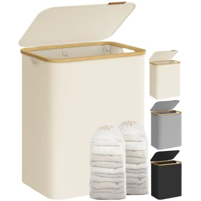 Bild av SONGMICS tvättkorg 2 fack 130 l med lock Vikbar avtagbar tvättpåse Oxfordtyg Bambuhandtag Vikbara 52 x 38,5 70,5 cm Gräddvit LCB513W01