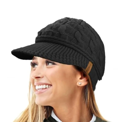 Bild av TOSKATOK damer toppad kabel stickad varm R80 teddy fleece fodrad mössa vinter hatt keps, Svart, en storlek