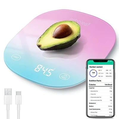 Bild av arboleaf köksvåg med app 10 kg, digital kaloriräknare, våg, köksvåg, USB uppladdningsbar Bluethooth och LED skärm, matvåg 0,5 g, noggrannhet av härdat glas (färgglad)