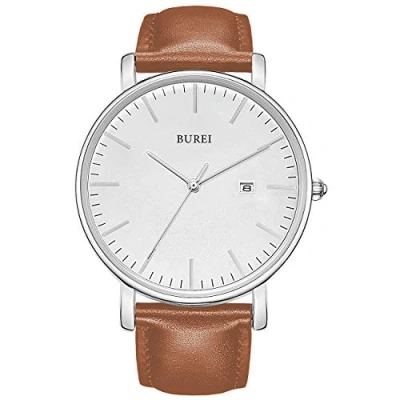 Bild av BUREI Herrmode minimalistiskt armbandsur analogt datum med läderrem