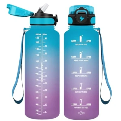 Bild av Vikaster 1,5 l drickflaska med sugrör, BPA fri 1 500 ml, läckagesäker plastvattenflaska, för yoga, resor, fitness, vandring, utomhus