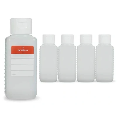 Bild av Octopus 5 x 100 ml plastflaskor, HDPE plastflaskor med vit vikstängning, tomma flaskor gångjärnslås, fyrkantiga inkl. märkningsetiketter