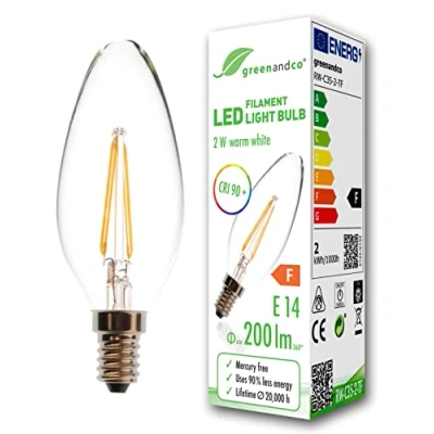 Bild av greenandco® CRI 90+ glödtråd LED lampa ersätter 20W E14 C35 ljus klar, 2W 200lm 2700K varmvit 360 230V AC endast glas, ej dimbar, flimmerfri