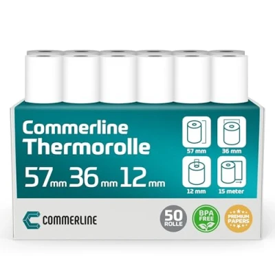 Bild av Commerline termopappersrullar 57 x 36 12, 15 meter, 50 rullar, Ec kvittorullar enhet, termopapper, kassarullar