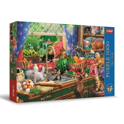 Bild av Trefl Premium Plus Quality Puzzle Tea Time: Busiga kattungar 1000 bitar, Serie med nostalgiska målade bilder, Perfekt passande för vuxna och barn från 12 år