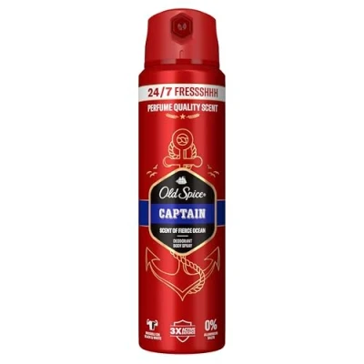 Bild av Gamla Spice Captain Deodorantspray för män 150 ml, 24/7 färsk med daglig användning, långvarig doft i parfymkvalitet, skydd mot lukt, utan aluminiumsalter, osynlig på svart och vitt