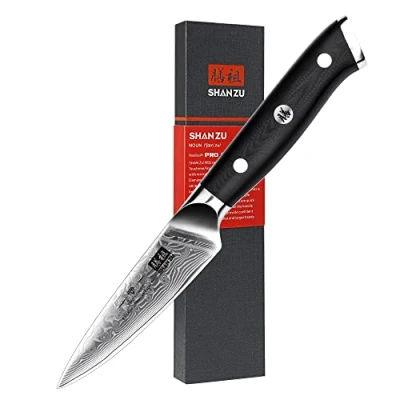 Bild av SHAN ZU Damascus Skalkniv 9,5cm, Japansk KöKskniv, Frukt Och GröNsakskniv, Skalkniv, Liten Kockkniv I 67 Lager Japanskt StåL, G10 Handtag Pro Serien