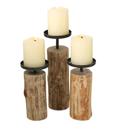 Bild av Boltze Ljusstake Tempe (3 delat set, ljushållare i trä + metall, snygg design, dekoration matbord/byrå, boho stil) 4221400