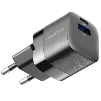 Bild av deleyCON Laddare USB A och C (2 Portar Kompakt 30 W Snabbladdare) GaN Strömadapter för iPhone 16/15/14/13/12/11 iPad Galaxy S24/S23 Pixel PD 3.0 Mobiltelefoner Svart