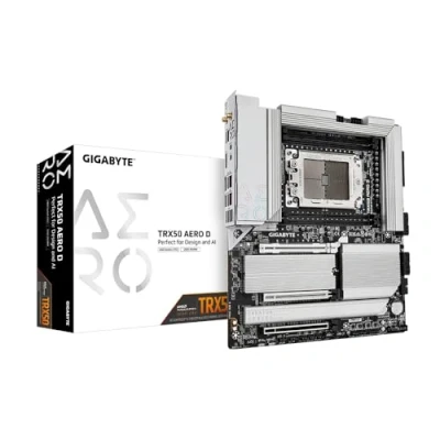 Bild av Gigabyte TRX50 AERO D moderkort stöder AMD Ryzen PRO 7000 processorer, 16+8+4 faser digital VRM, upp till 7800MHz DDR5 (OC), 4xPCIe 4.0 M.2, Wi Fi 7, 2,5 GbE LAN, USB 3.2 Gen 2
