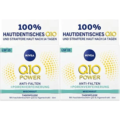 Bild av NIVEA Q10 Power Anti Wrinkle+Firming porförfinande dagvård för ung hud, dagkräm med SPF 15, 2 pack (2 x 50 ml)