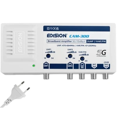 Bild av EDISION CAM 300 TV antennförstärkare, stort band, 2UHF, 1VHF/FM, 18 34db justerbar, 115dBmV, för markbunden digital DVB T/T2, med 5G LTE filter, UHF 470 694Mhz, VHF/FM 47230 MHz