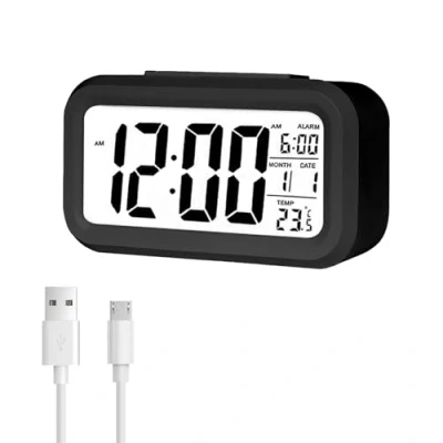 Bild av Jsdoin Digital väckarklocka, LED display smart väckarklocka med temperatur, ljusstyrkessensor, 12/24 timmar, snooze funktion och larm för sovrum, hem, kontor (uppladdningsbar, svart)