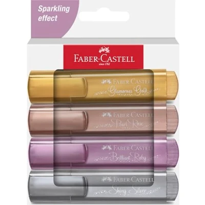 Bild av FABER CASTELL 254674 överstrykningspenna set 46, fodral med 4, metalliska färger, hållbar kilspets, linjebredd 15 mm, påfyllningsbar