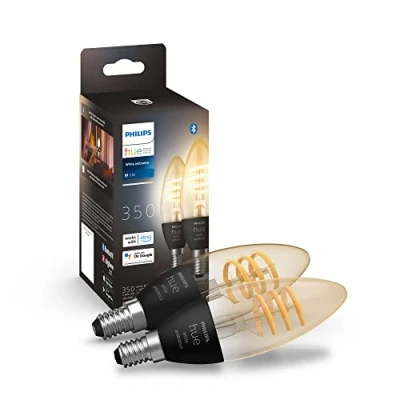 Bild av PHILIPS Hue White Ambiance filament ljuskälla, E14, LED 4.6W, 350 lumen, 2200 4500 Kelvin, Zigbee &amp; BT, röststyrning via Amazon Alexa, Google Assistant och Siri, 2 pack, Bärnstensgul