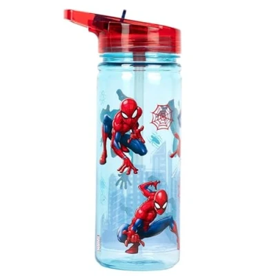 Bild av Marvel Spiderman plastflaska med sugrör BPA fri 580 ml skolvattenflaska för pojkar, 100 % läckagesäker hållbar superhjälte flaska