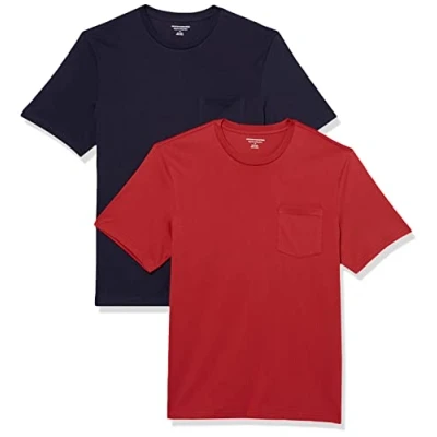 Bild av Amazon Essentials herr normal passform kortärmad rund hals ficka t shirt, paket med 2, mörkröd/marinblå, medium