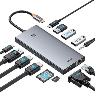 Bild av Baseus USB C Docking Station 3 bildskärmar, 13 i 1 hub med 2 HDMI 4K@60 Hz, DisplayPort 4K@120 VGA, 3.1 10 Gbps dataöverföring, PD 100 W och Ethernet för Dell/HP/Lenovo/Surface Laptop