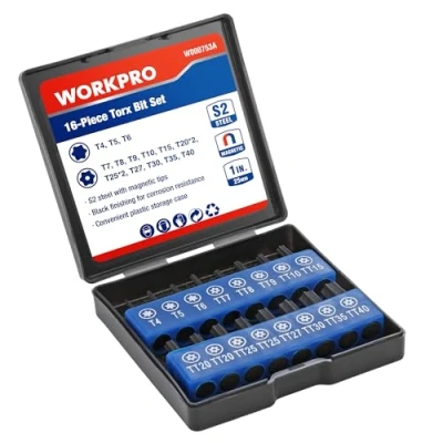 Bild av WORKPRO 16 st säkerhetstorxbit set, S2 stålstjärnbitsset, CNC bearbetad 1 tum, manipuleringssäker torx skruvmejselbit med magnetiska spetsar, 1/4 tums hexskaft, manipuleringsbeständigt fästelement