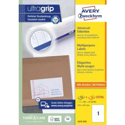 Bild av AVERY Zweckform 3478200 universella etiketter (200 plus 20 självhäftande extra, 210 x 297 mm på A4, tryckbara fraktetiketter, fraktklistermärken med ultragrip) 220 ark, vit