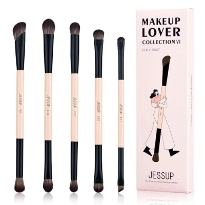 Bild av Jessup Ögonsminkborstar,5st Ögonskuggsborsteset Med Dubbla Sido För Kontur, Blandning, Eyeliner, Shaderborste, Vegansk Fiber precisions Ögonborsteset Peach Dust T509