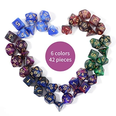 Bild av FLASHOWL polyhedral &amp; RPG Dice polyederkub DND tärning stjärnhimmel kub 42 delar tärningsspel 6 uppsättningar bordsspel set W20, W12, W10, W8och MTG spelkub (42 delar)