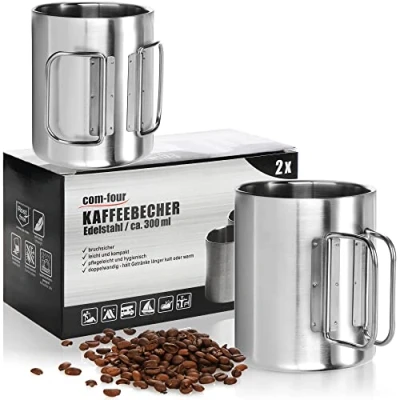 Bild av com four® 2x rostfria kaffemuggar 300 ml per mugg termisk dricksmugg gjord av 304 rostfritt stål med fällbart handtag dubbelväggig isolerande BPA fri (silver 300ml 2 st)