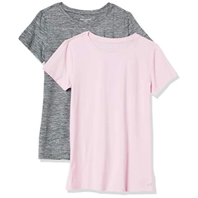 Bild av Amazon Essentials Dames Tech stretchig kortärmad T shirt med rund hals (finns i plusstorlek), 2 Pack, Grå Rymdfärg/Ljusrosa, XXL