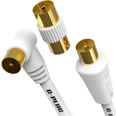 Bild av G PLUG 2m Lång TV Antenn Rätvinklad Kabel med Pluggadapter Koaxial Satellit AV Hane till Kontakt RF Anslutning Koax Förlängning Guld FreeView, FreeSat, Sky Box, BT