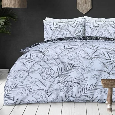 Bild av Sleepdown Tropiskt palmträd blommig mono vit svart vändbar mjuk lättskött påslakan täcke sängkläder set med örngott super kung (260 cm x 220 cm)