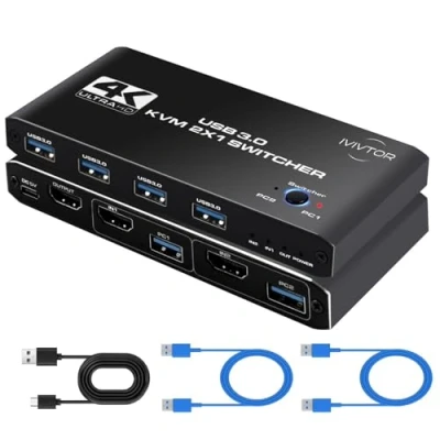 Bild av KVM HDMI switch 4K 4 portar USB 3.0 2 PC 1 bildskärm datordelar tangentbord, mus, skrivare, U disk och en HD skärm Innehåller kablar