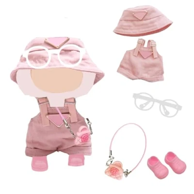 Bild av 5 stycken 17 cm La bu kläder, dockkläder, kostym för plyschdockor samlare, barnpresenter, rosa set 1 leggings, hatt, väska, glasögon, skor (ingen docka)