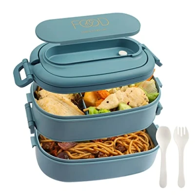 Bild av OITUGG 2 lagers lunchlåda 1 550 ml Bento låda med bestickset 3 fack för vuxna män kvinnor, BPA fri, mikrovågsugnssäker, 19,2 x 11,5 12 cm, himmelsblå